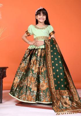 Green Embroidered Silk Lehenga Set For Girls
