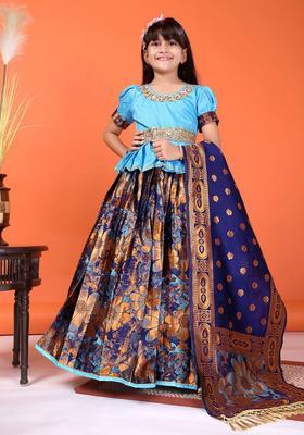 Blue Embroidered Silk Lehenga Set For Girls