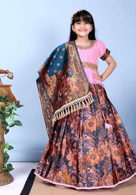 Blue Embroidered Silk Lehenga Set For Girls