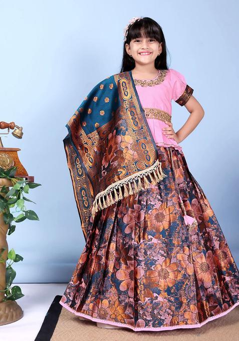 Blue Embroidered Silk Lehenga Set For Girls — view on Indya