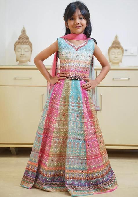 Multi Printed Silk Lehenga Set For Girls — view on Indya