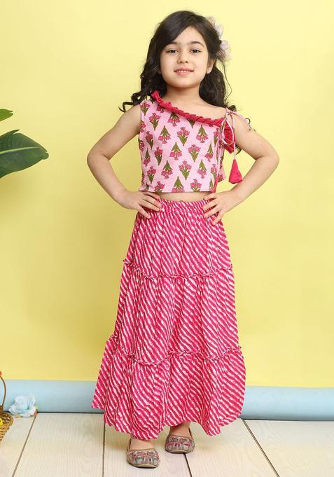 Pink Printed Cotton Lehenga Set For Girls — view on Indya