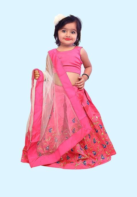 Pink Solid Silk Lehenga Set For Girls — view on Indya