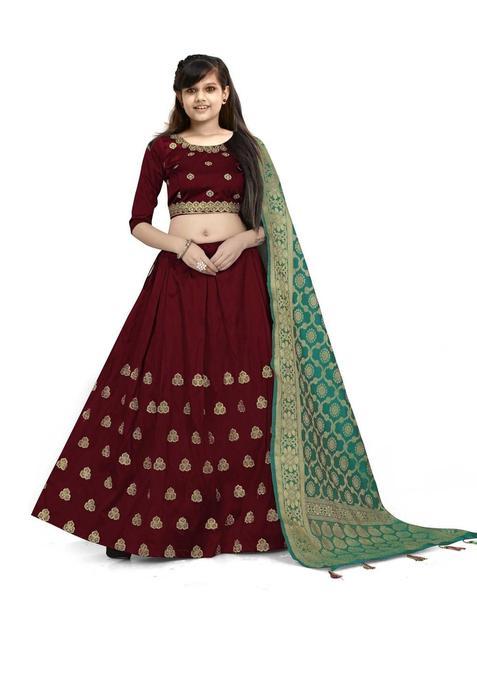 Maroon Embroidered Silk Lehenga Set For Girls — view on Indya