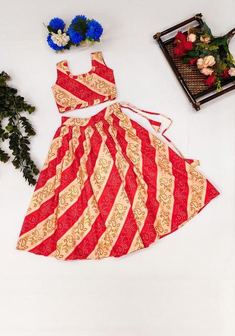 Red Printed Silk Lehenga Set For Girls — view on Indya