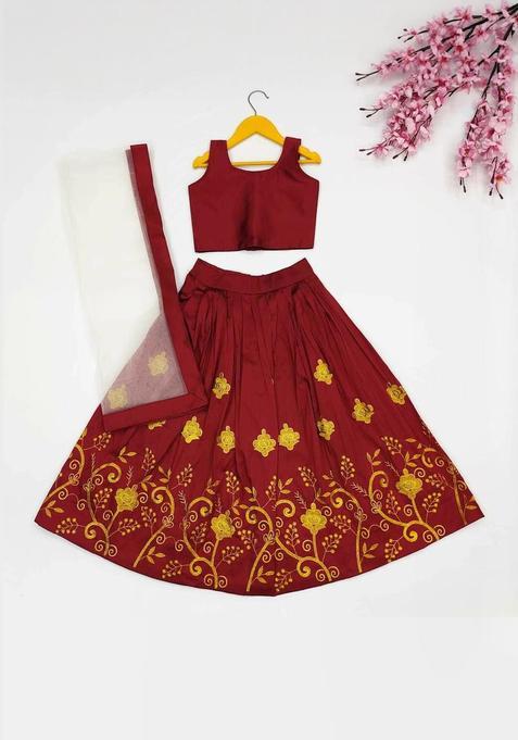 Maroon Solid Silk Lehenga Set For Girls — view on Indya