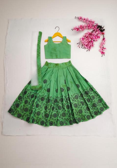 Green Solid Silk Lehenga Set For Girls — view on Indya