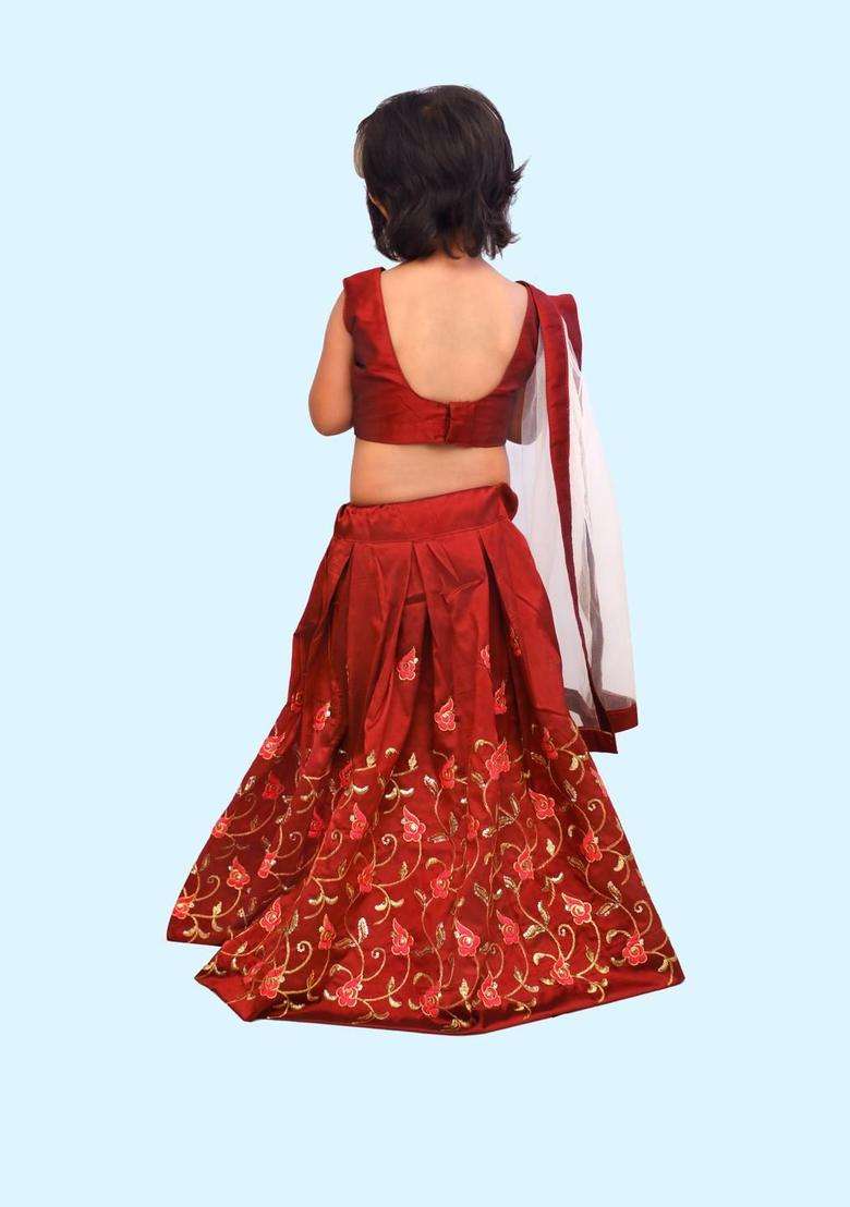 Maroon Silk Lehenga Set For Girls - Indya