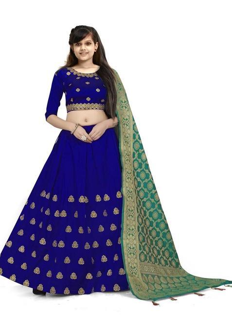 Blue Embellished Silk Lehenga Set For Girls — view on Indya