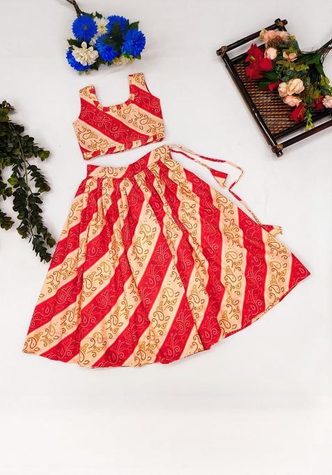 Red Printed Silk Lehenga Set For Girls — view on Indya
