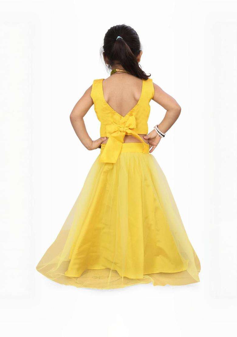 Yellow Silk Lehenga Set For Girls - Indya