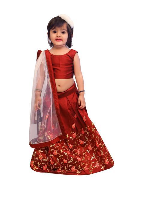 Maroon Solid Silk Lehenga Set For Girls — view on Indya
