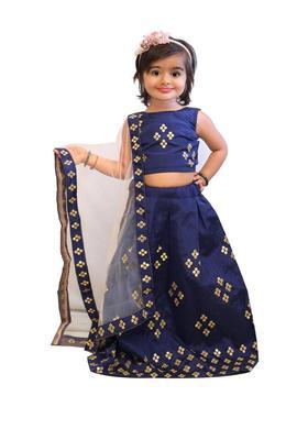 Blue Embroidered Silk Lehenga Set For Girls