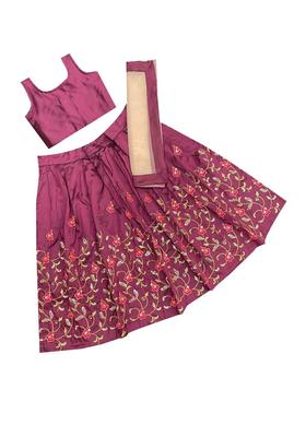 Purple Solid Silk Lehenga Set For Girls