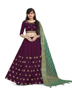 Purple Embroidered Silk Lehenga Set For Girls