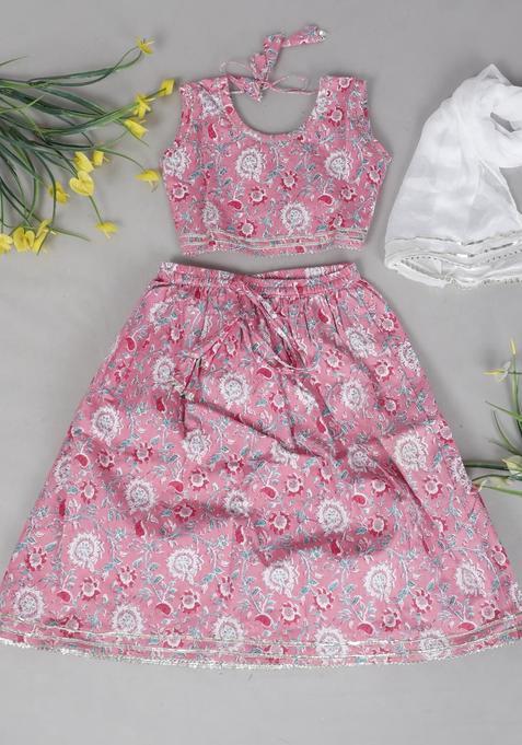 Pink Printed Cotton Lehenga Set For Girls — view on Indya