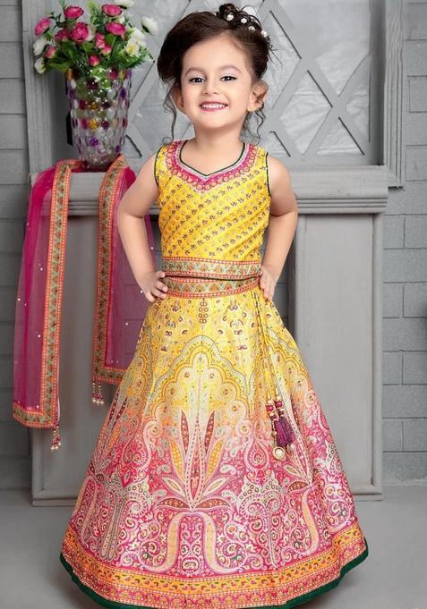 Multi Printed Silk Lehenga Set For Girls — view on Indya