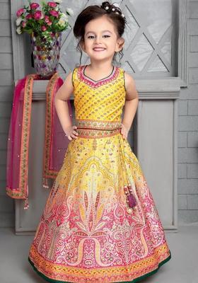 Yellow Embroidered Silk Lehenga Set For Girls