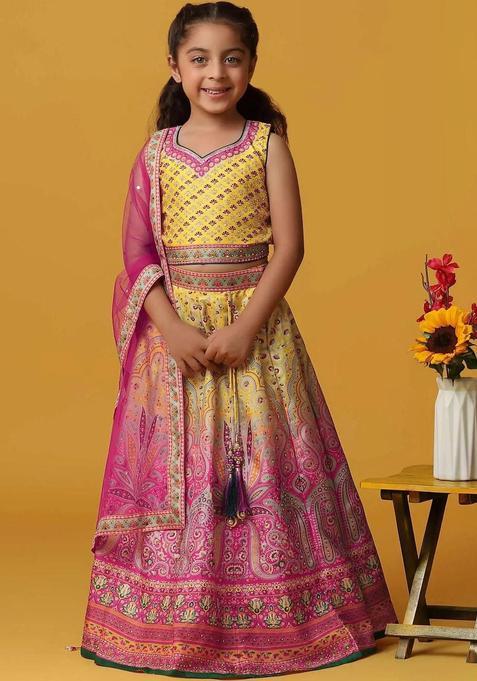 Multi Printed Silk Lehenga Set For Girls — view on Indya