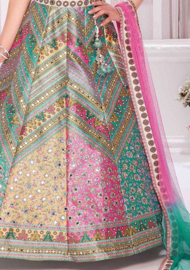 Multi Printed Silk Lehenga Set For Girls - Indya