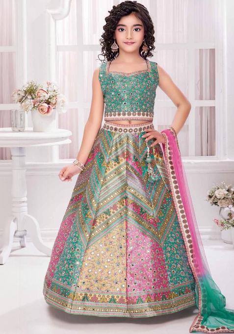 Multi Printed Silk Lehenga Set For Girls — view on Indya