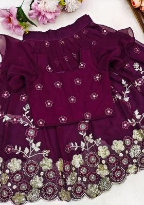 Purple Embroidered Silk Lehenga Set For Girls