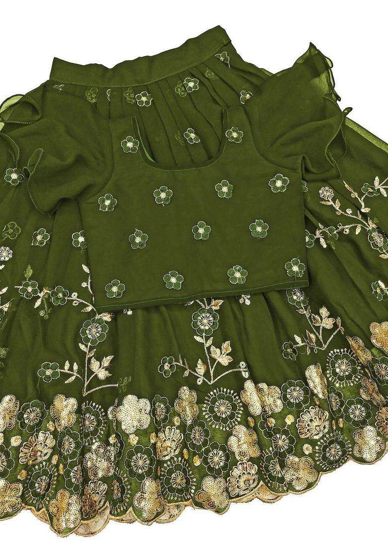 Olive Embroidered Silk Lehenga Set For Girls - Indya
