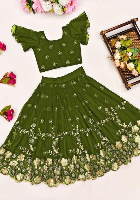 Olive Embroidered Silk Lehenga Set For Girls — view on Indya