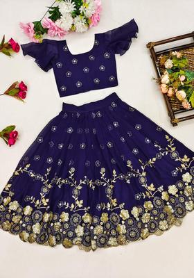Blue Embroidered Silk Lehenga Set For Girls