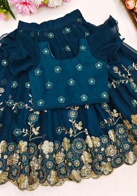 Blue Embroidered Silk Lehenga Set For Girls