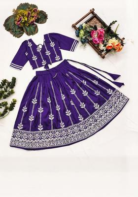 Purple Embroidered Silk Lehenga Set For Girls