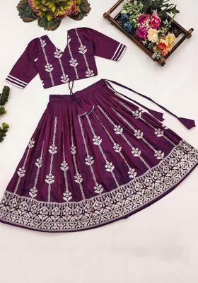 Purple Embroidered Silk Lehenga Set For Girls