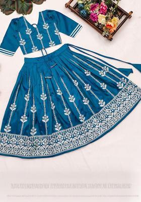 Blue Embroidered Silk Lehenga Set For Girls
