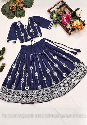 Blue Embroidered Silk Lehenga Set For Girls