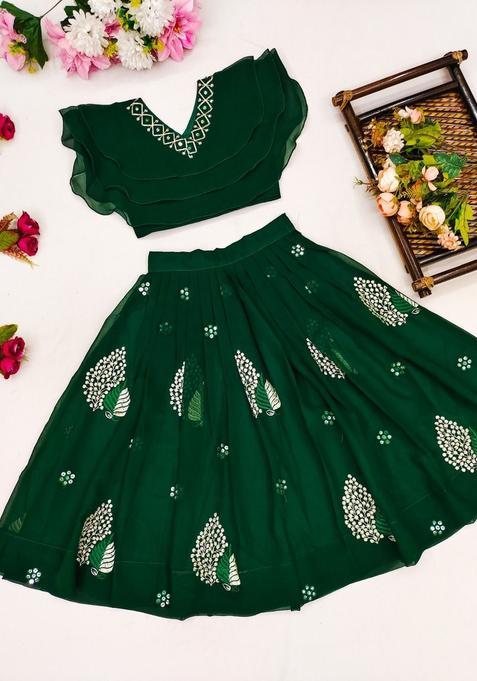 Green Embellished Silk Lehenga Set For Girls — view on Indya