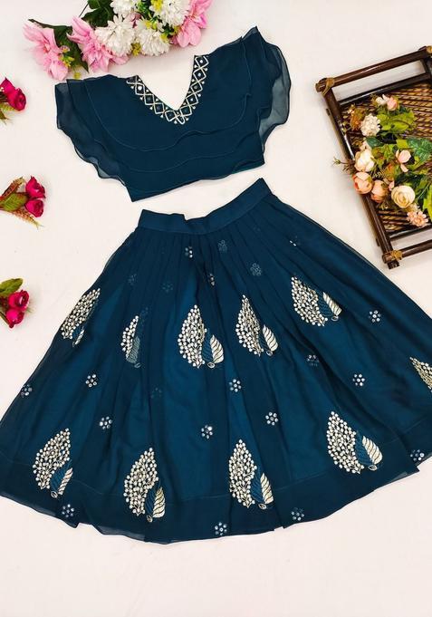 Blue Embellished Silk Lehenga Set For Girls — view on Indya