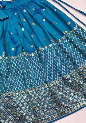 Blue Embroidered Silk Lehenga Set For Girls