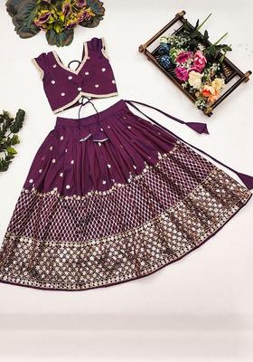Purple Embroidered Silk Lehenga Set For Girls