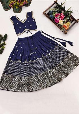 Blue Embroidered Silk Lehenga Set For Girls