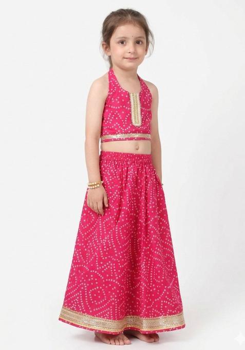 Pink Printed Cotton Lehenga Set For Girls — view on Indya