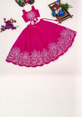 Pink Embroidered Silk Lehenga Set For Girls