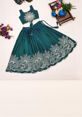 Blue Embroidered Silk Lehenga Set For Girls