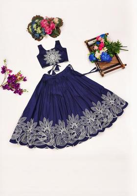 Blue Embroidered Silk Lehenga Set For Girls