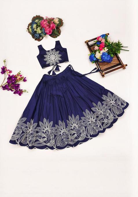 Blue Embroidered Silk Lehenga Set For Girls — view on Indya