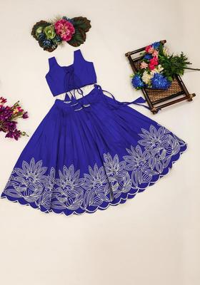 Blue Embroidered Silk Lehenga Set For Girls
