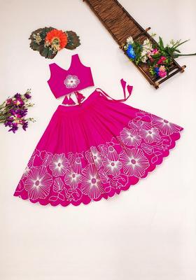 Pink Embroidered Silk Lehenga Set For Girls