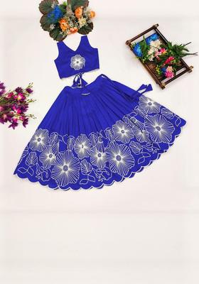 Blue Embroidered Silk Lehenga Set For Girls