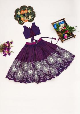 Purple Embroidered Silk Lehenga Set For Girls