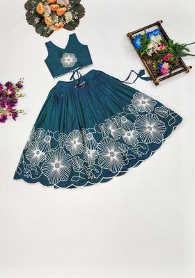 Blue Embroidered Silk Lehenga Set For Girls