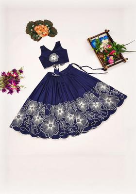 Blue Embroidered Silk Lehenga Set For Girls